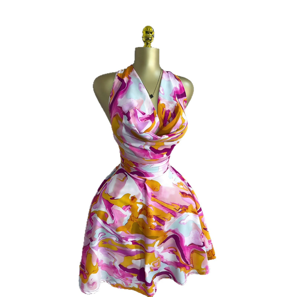 European and american cross-border women's fashion:  autumn new sleeveless off-the-shoulder tie-waist printed mini dress