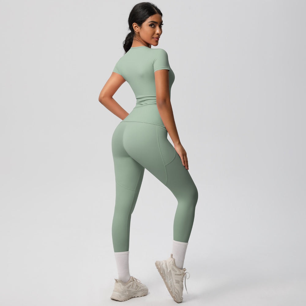 European and american solid color nude feel brushed short-sleeve yoga top and high-waisted butt-lifting fitness leggings quick-dry running workout set