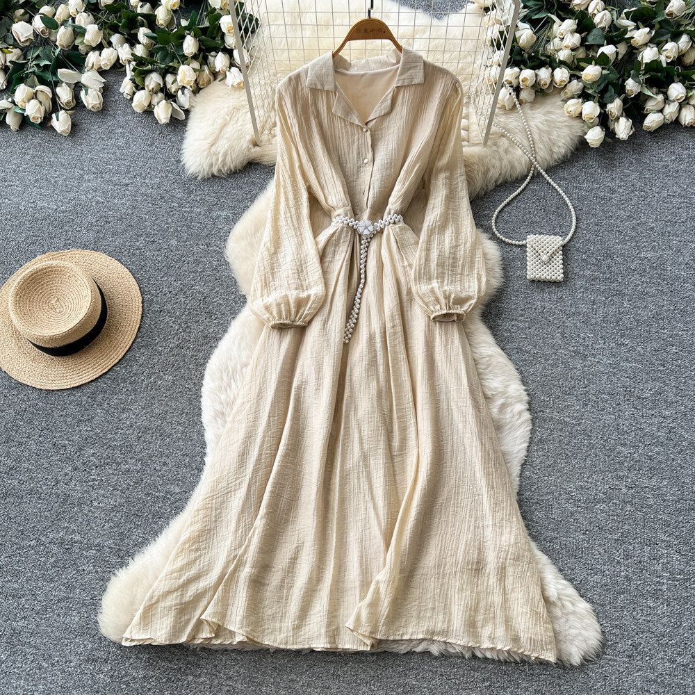 Korean style commute blue ruched long sleeve dress - women's summer slimming a-line elegant maxi dress