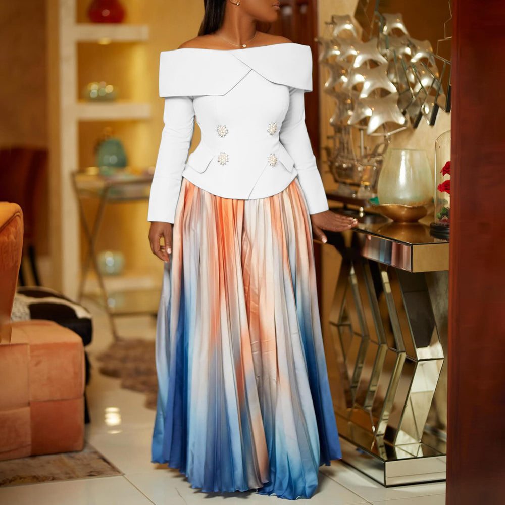 D3309 new  cross-border fashionable and elegant one-shoulder top and maxi skirt african style set for european and american export