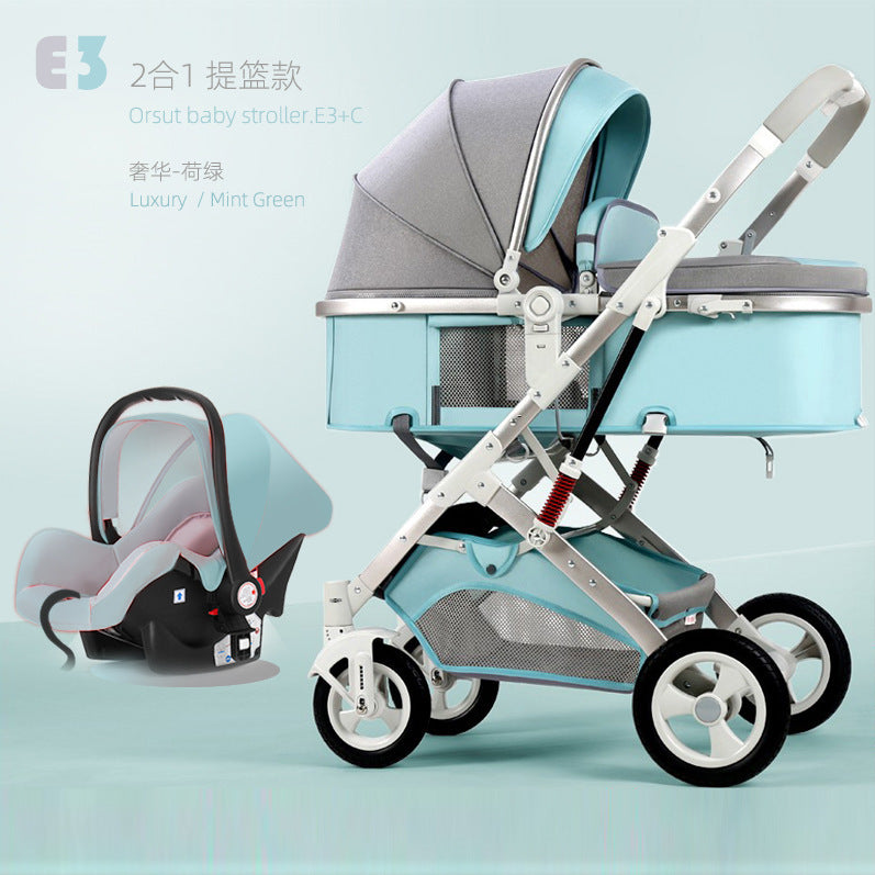 Newborn baby sleeping blue reversible, sit or lie down, high view baby stroller, foldable shock absorber stroller, two-way baby stroller