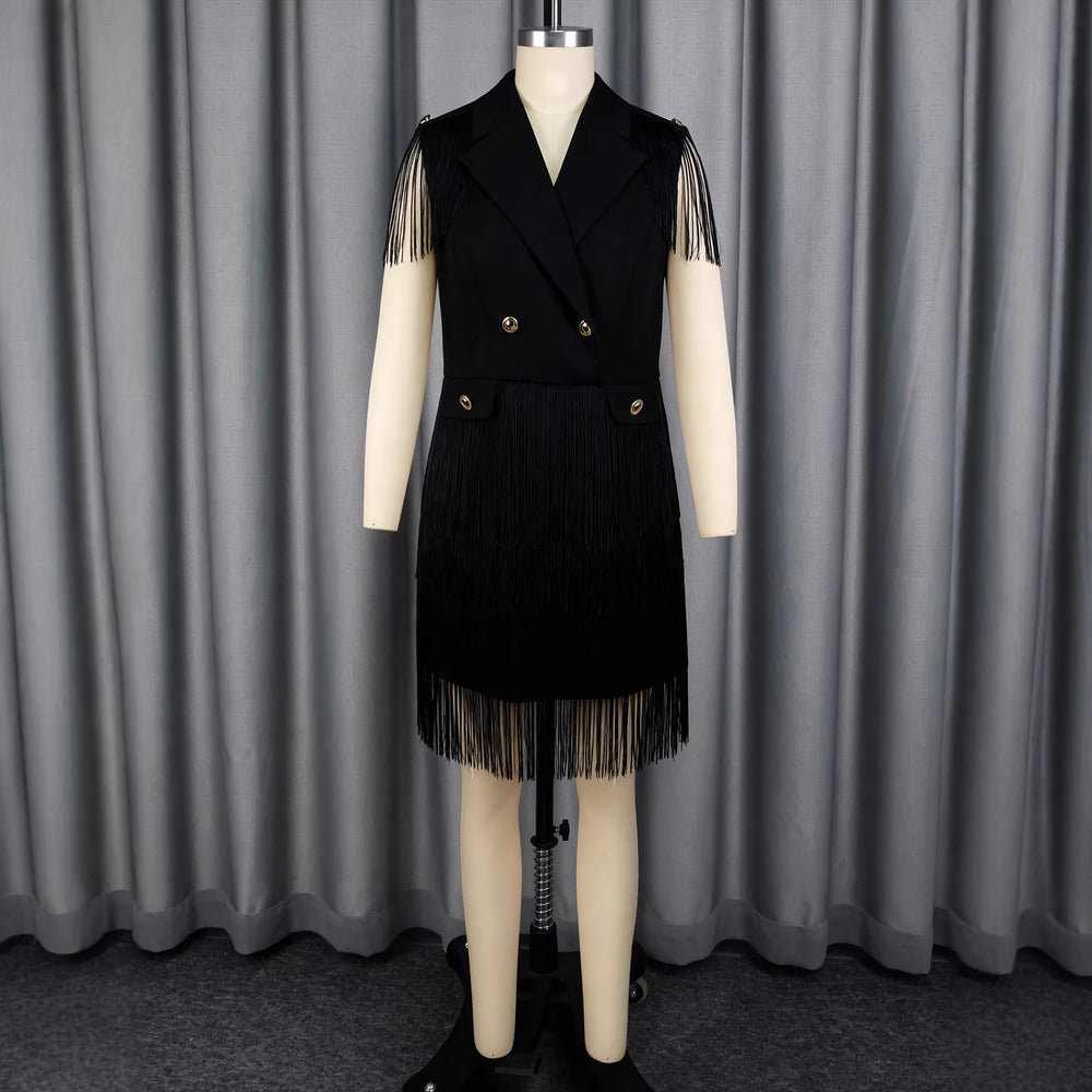 Export suit v neckshort party dress double breasted waist tassel hem work clothingdresses