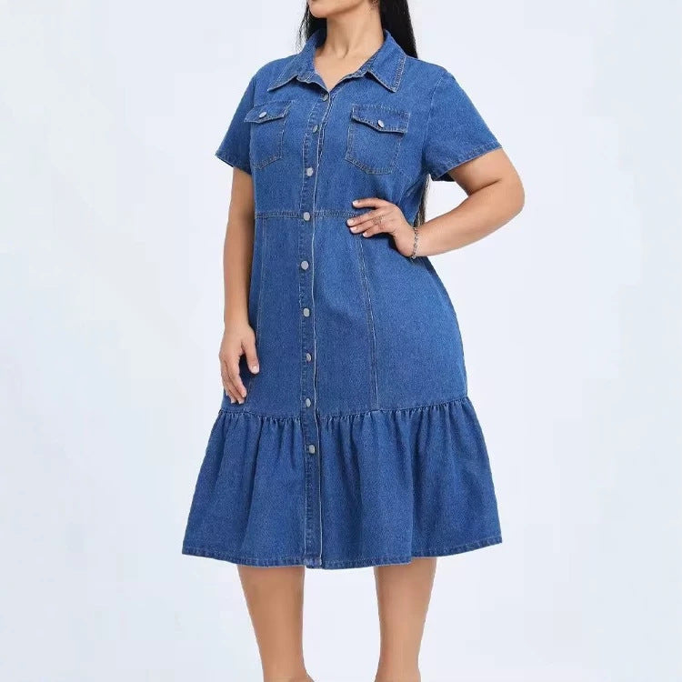 summer fashion cross-border  independent station short sleeve lapel casual style women's denim dress