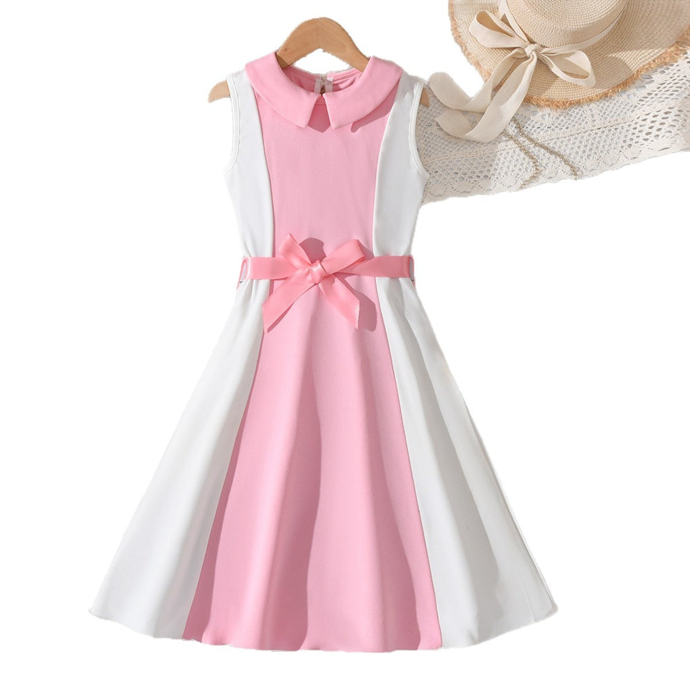Exportsummergirldress pink and white vertical strip patchwork sleeveless lapel waist large hem long skirt kids princess dress