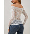 European and american cross-border  elegant fan-shape neck off-the-shoulder lace slim-fit long-sleeve top