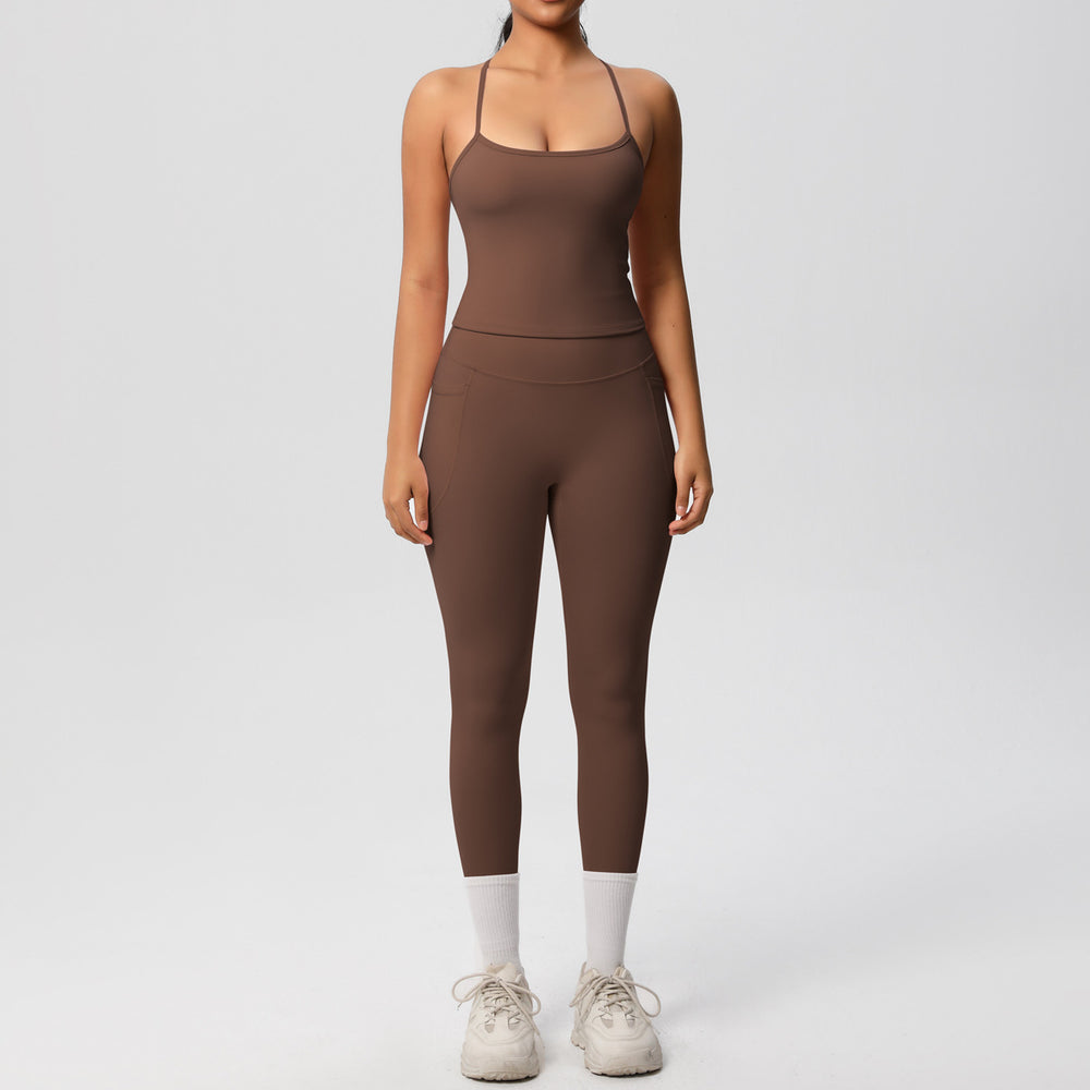 New arrivalpure color sling beautiful back yoga clothes hip pocket tights sports suit cloud-like quick-drying fitness clothes for women