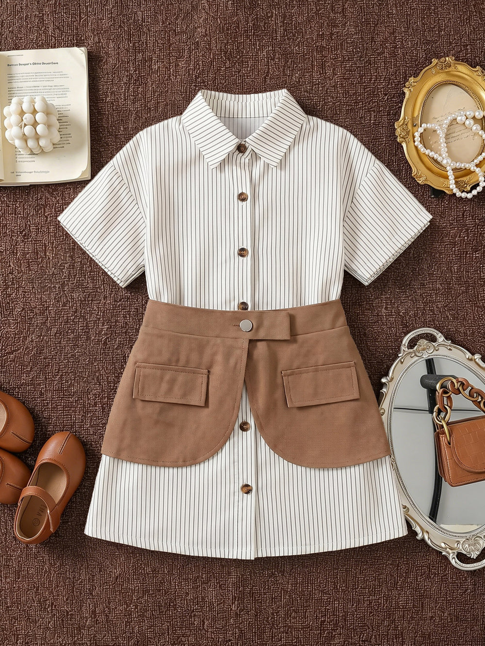 spring/summer new arrival: cross-border girls' striped shirt dress + solid color denim belt set - two-piece outfit for girls