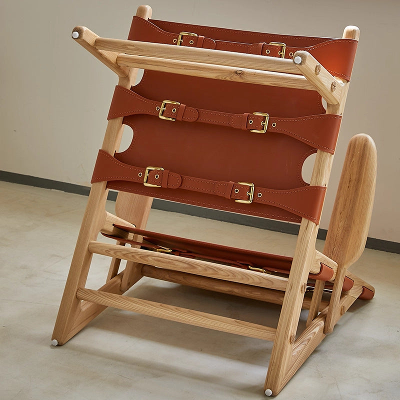 Hunting chair solid wood single sofa chair designer saddle leather casual chair living room retro chair balcony back chair