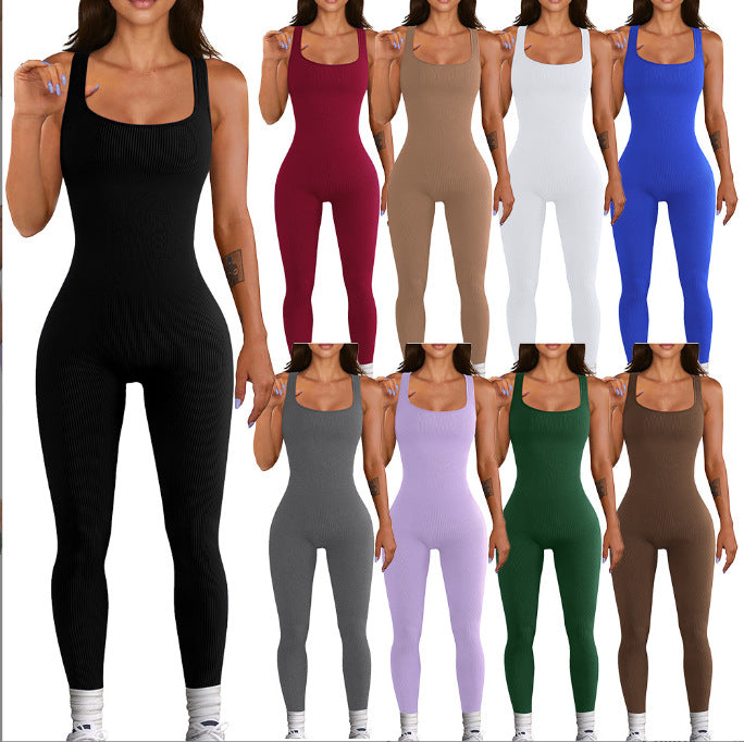 2024 Foreign Trade Women's Solid Color Sleeveless Vest onesie Threaded square neck backless hip lift slim-fit sports jumpsuit