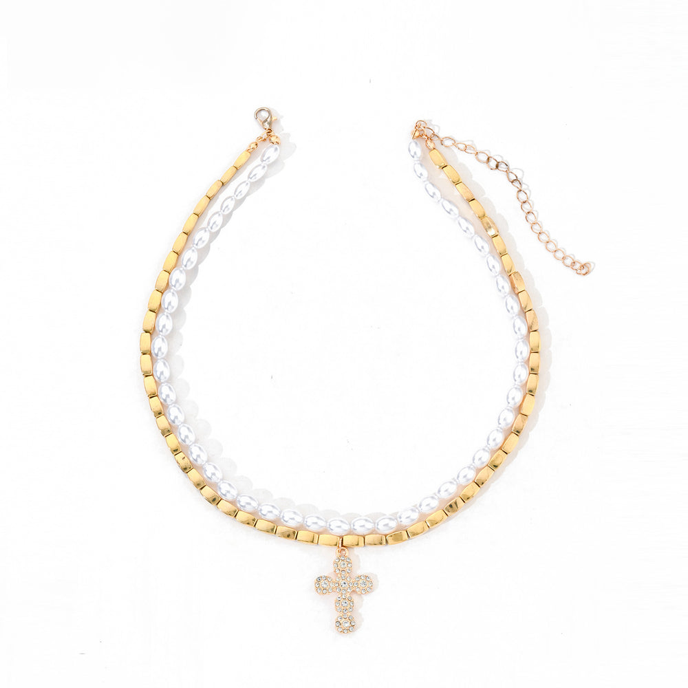 European and american cross-border baroque imitation pearl necklace for women, niche light luxury high-end diamond-encrusted cross pendant choker