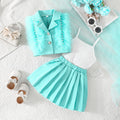 summer new girls' solid color feather beaded vest and pleated skirt set - sweet and playful three-piece outfit