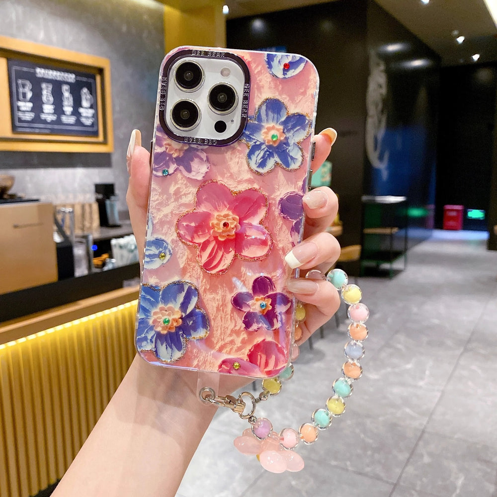 Metal frame suitable for apple 15 mobile phone case iphone17pro blu-ray glue rainbow oil painting flower bracelet