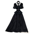 Xiaoxiangfenglacea-linework clothing short-sleeved dressfemale yellow lapel waist pleated long skirt elegance socialite style
