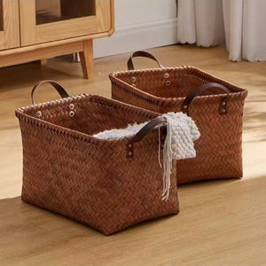 American retro rattan storage basket - handmade, minimalist design for home - perfect for storing sundries, toys, snacks, and dirty laundry