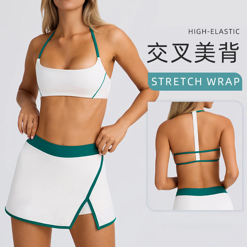 Sexy fitness running outdoor halter sports bra vest camisole yoga tennis skirt set for women