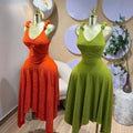 European and american cross-border women's clothing:  summer new collection - elegant and sweet v-neck sleeveless top with asymmetrical midi skirt set