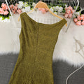 Women's jacquard one-shoulder dress - premium waist-cinching, pleated, slim-fit midi bodycon dress