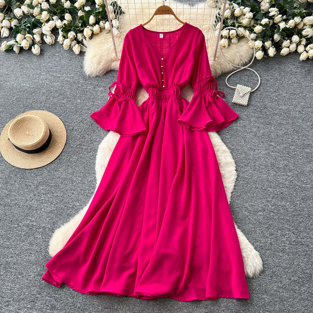 Vintage chic lantern sleeve v-neck tie-up dress - spring korean style women's red slimming waist elegant maxi dress