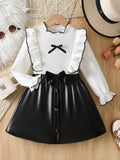 girlsuitwhiteknittingtops flying sleeves lace leather skirt bowskids skirt two-piece set
