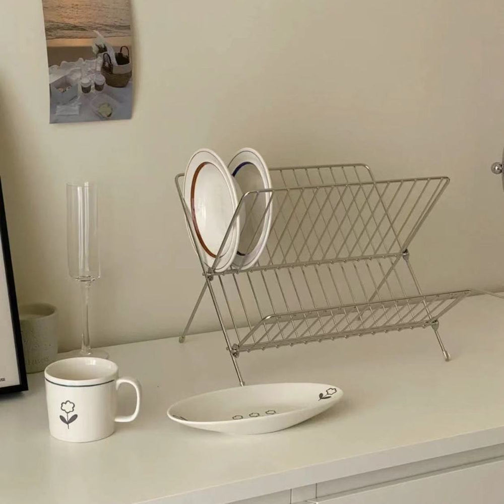 X-shaped foldable dish rack, double-layer kitchen drainer, countertop dish drying rack with water collection tray, kitchen utensil organizer