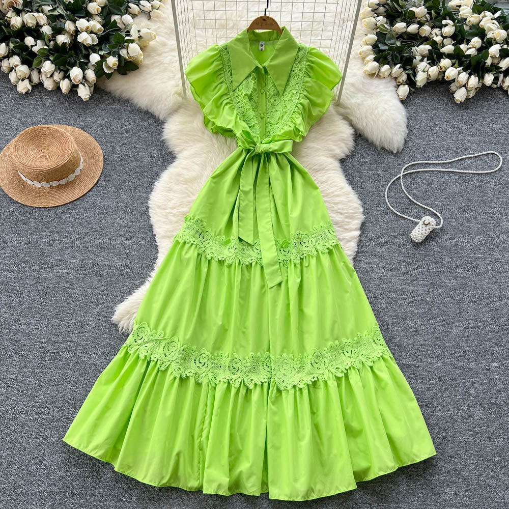 Frencheleganceretrocut outlacepatchwork waist small flying sleeve dress women's slimming lookelegant large swing long skirt