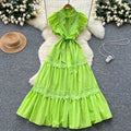 Frencheleganceretrocut outlacepatchwork waist small flying sleeve dress women's slimming lookelegant large swing long skirt