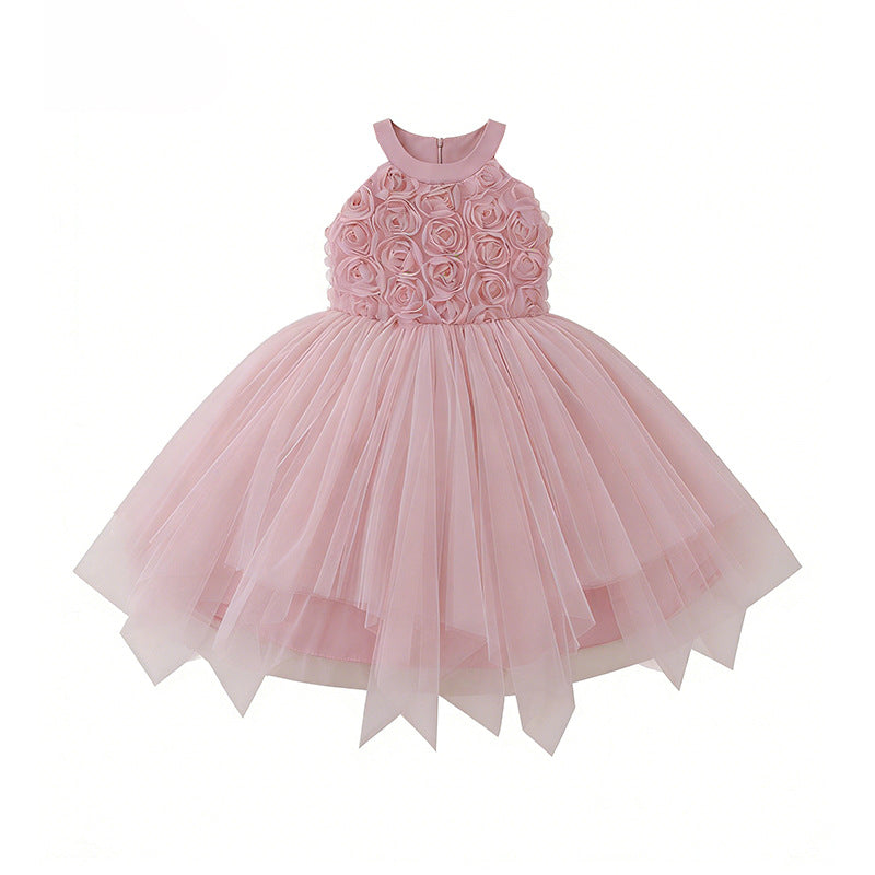 girls' dress irregular hem sleeveless halter neck 3d embroidered dance costume kids princess dress - in stock