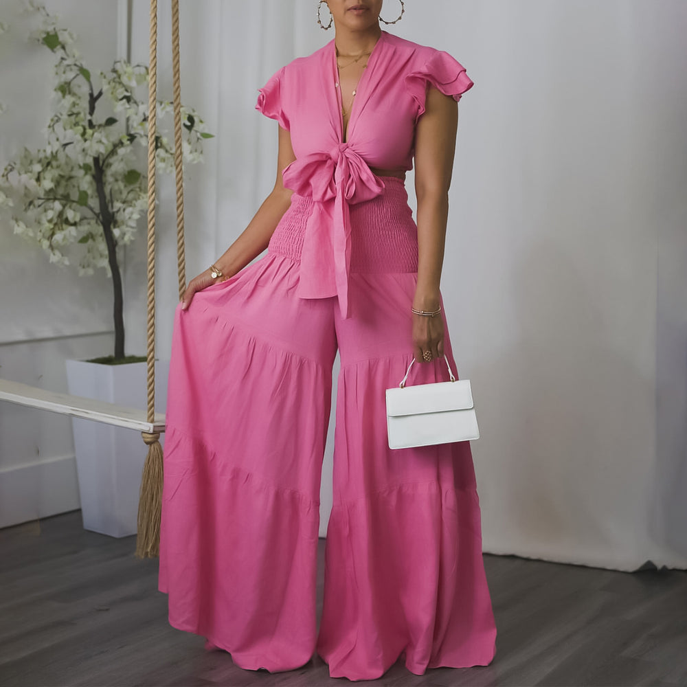 C8586   new short-sleeve tie-up top and wide-leg pants plus size two-piece set - cross-border e-commerce outfit