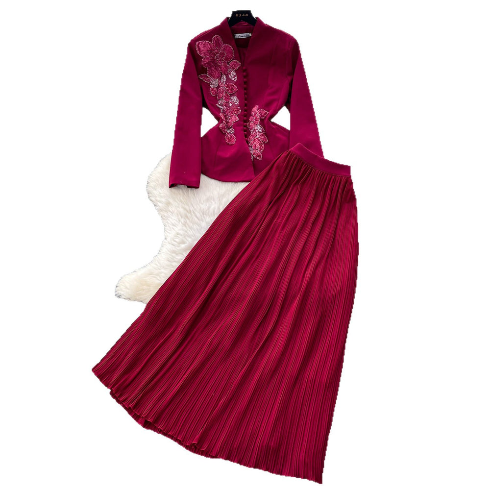 French chic v-neck embroidered jacket & high-waisted pleated skirt set - slimming, elegant, and stylish two-piece outfit for spring and autumn