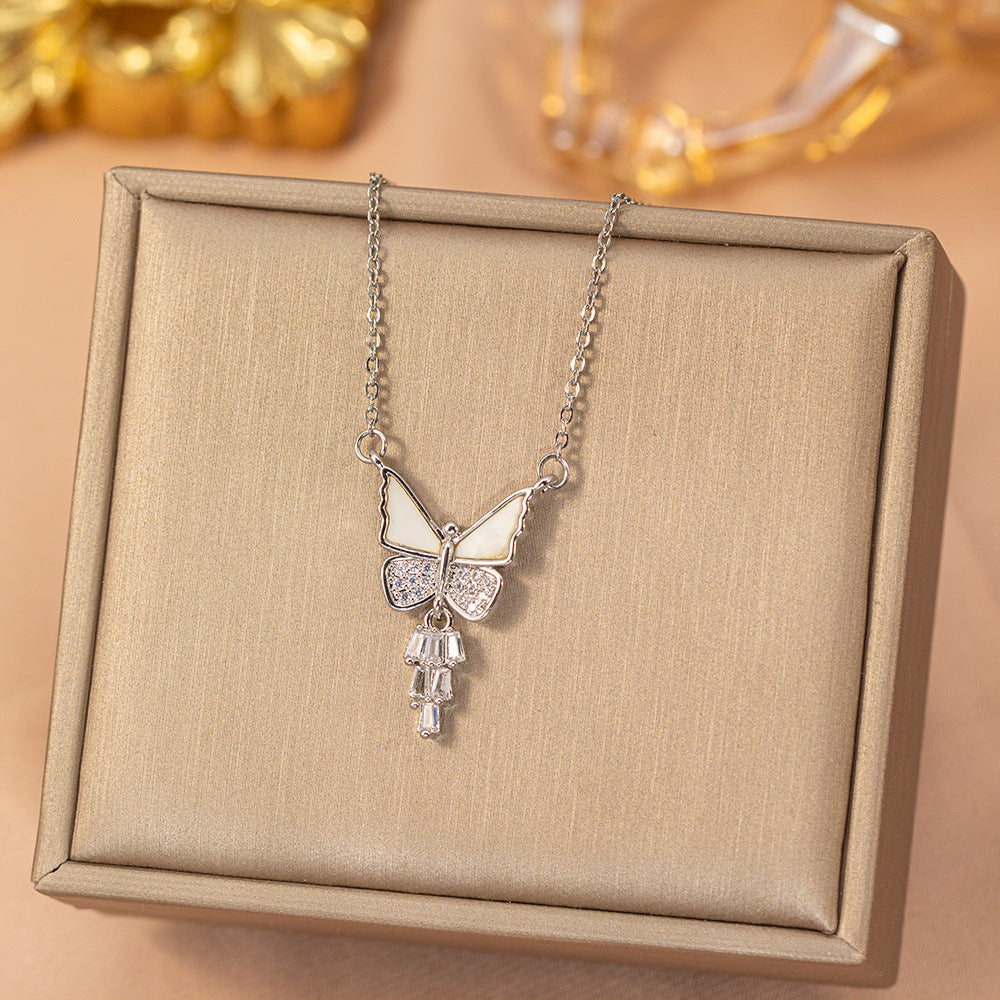 【titanium steel】fashionable and versatile full diamond copper inlaid zircon butterfly necklace - women's high-end, unique, and exquisite clavicle chain jewelry