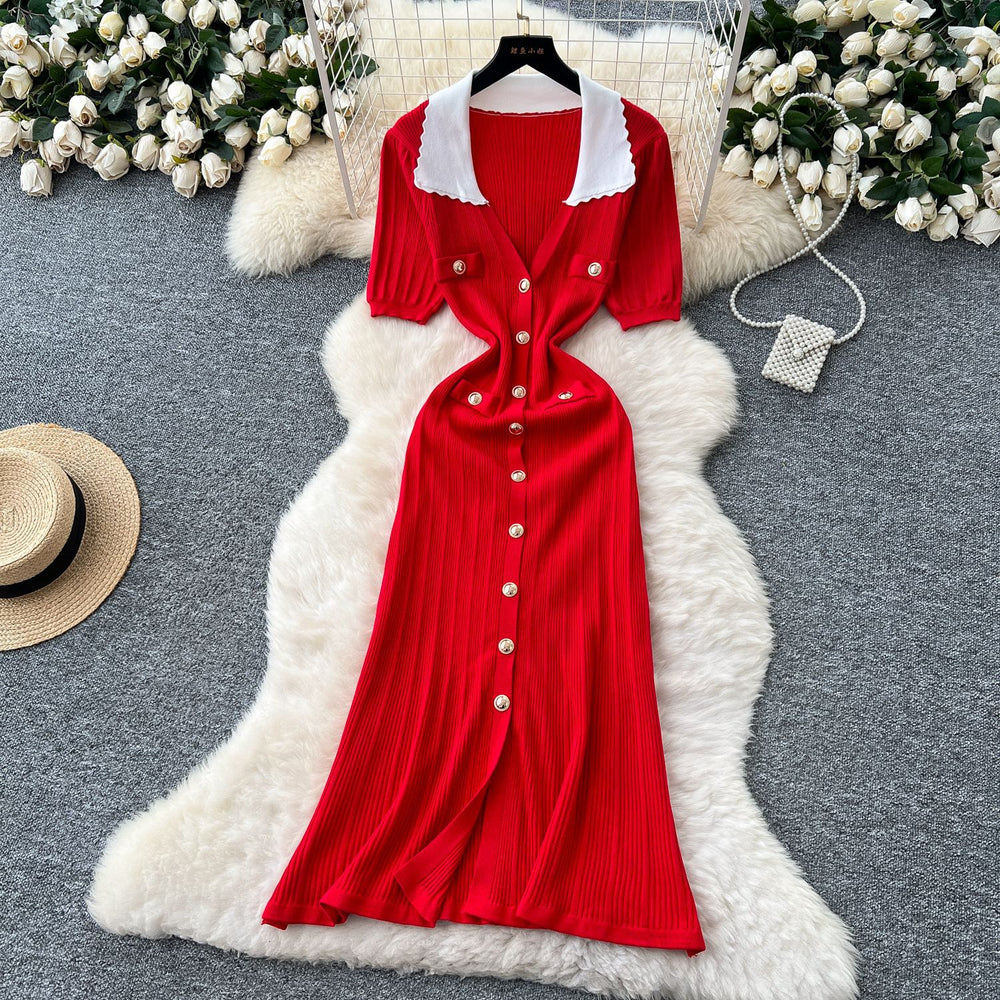 Frenchretrocontrast color lapel short sleeve metal button silmdress women's waist slimmingelegant slit knitting skirt