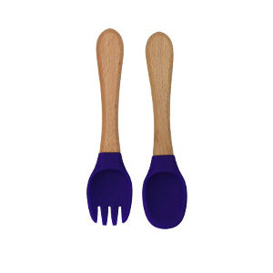 Factory direct sales silicone wooden handle complementary food fork and spoon  baby spoon baby training eating fork and spoon set wholesale