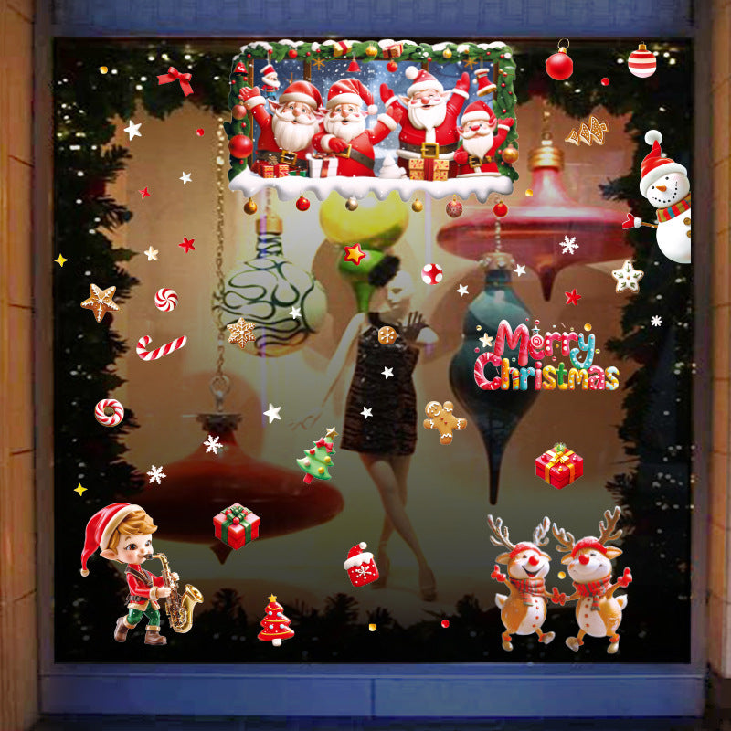 New  lively Santa Claus Elk snowflake gift box party holiday decoration glass static window grilles sticker