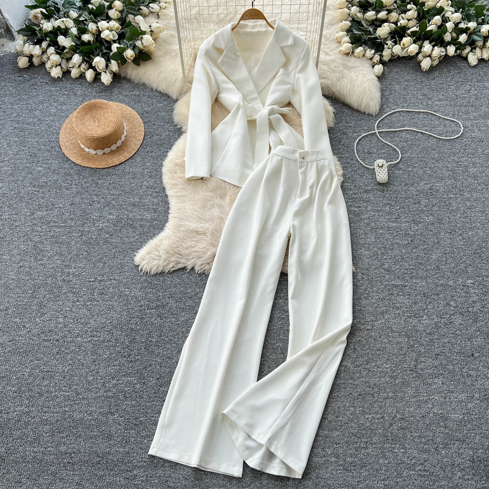 Work clothing professional young lady style suit women's autumtie back waist suit collar long sleevesoutwearhigh waistloose straight-leg pants