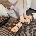 Cute leopard print bear fuzzy slippers for women, new 2025 autumn/winter collection, non-slip indoor home slippers, wholesale cotton slippers for supermarkets