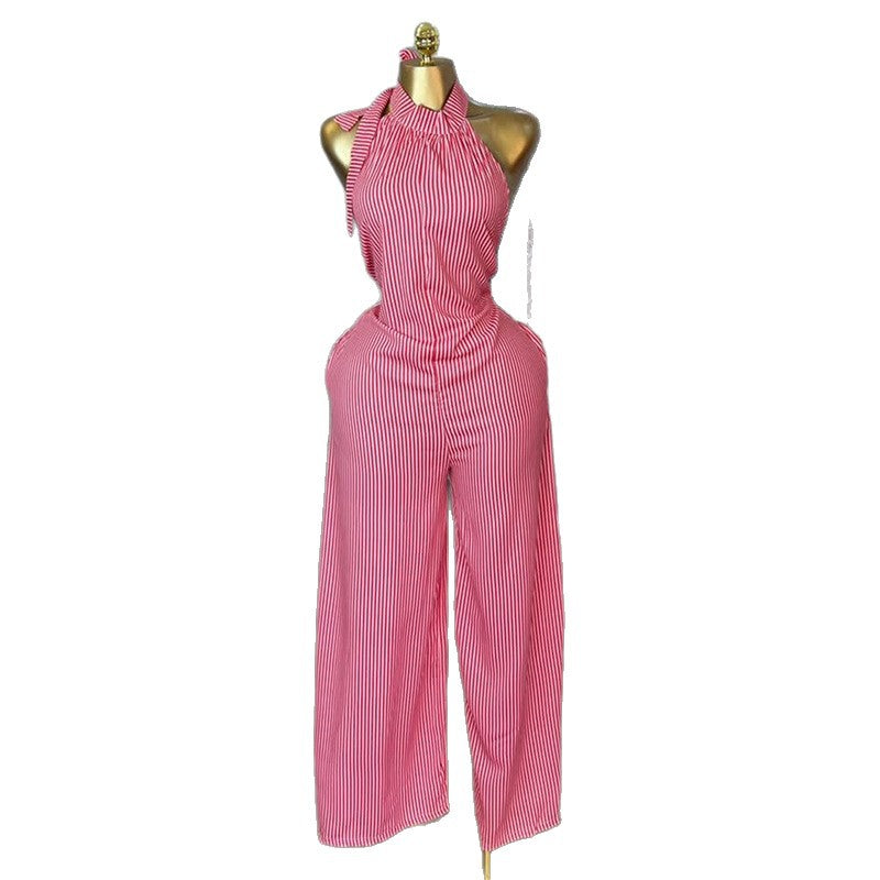 European and american women's clothing  autumn new sweet and fresh striped halter neck backless high waist straight leg jumpsuit pants