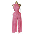 European and american women's clothing  autumn new sweet and fresh striped halter neck backless high waist straight leg jumpsuit pants