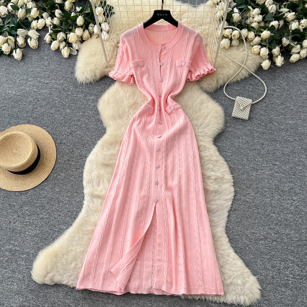 European and american style minimalist elegant knitted dress - women's summer single-breasted hollow-out slimming design - chic long dress