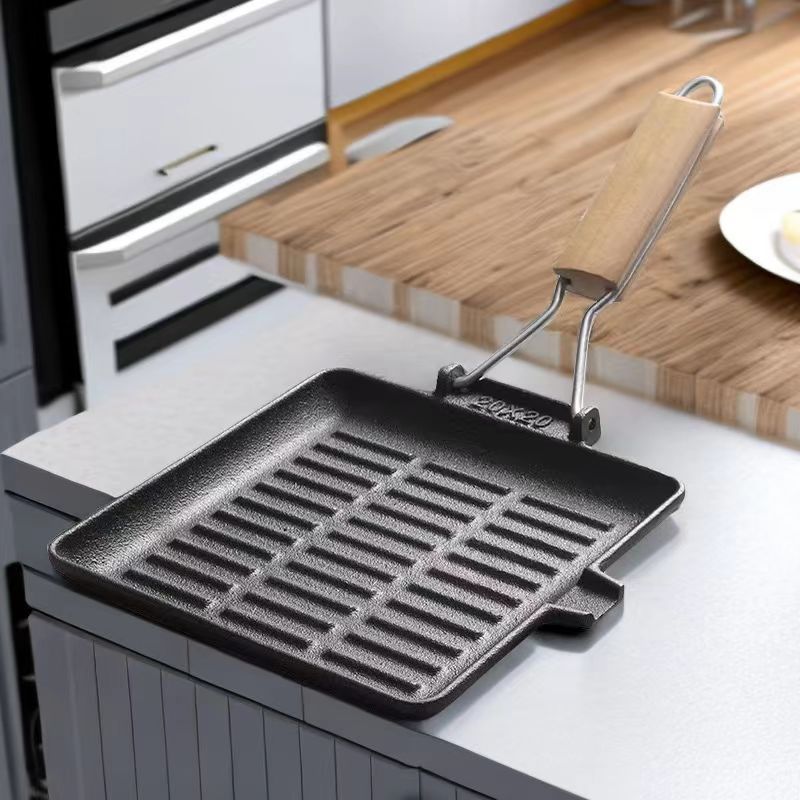 Cast iron pan Cast iron striped steak frying pan Wooden handle folding frying pan Factory direct cast iron striped frying pan