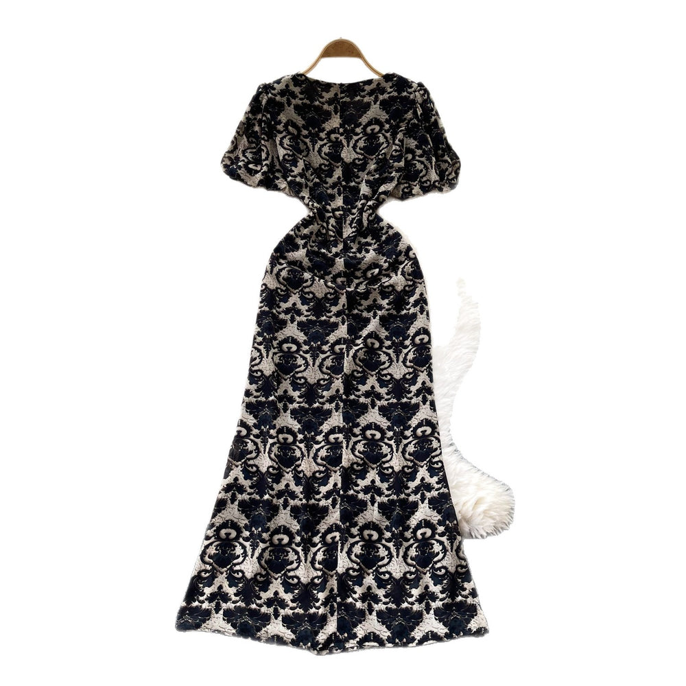 French retro print minimalist dress - women's summer design, v-neck, cinched waist, slim fit maxi dress - commute chic