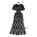 French retro print minimalist dress - women's summer design, v-neck, cinched waist, slim fit maxi dress - commute chic