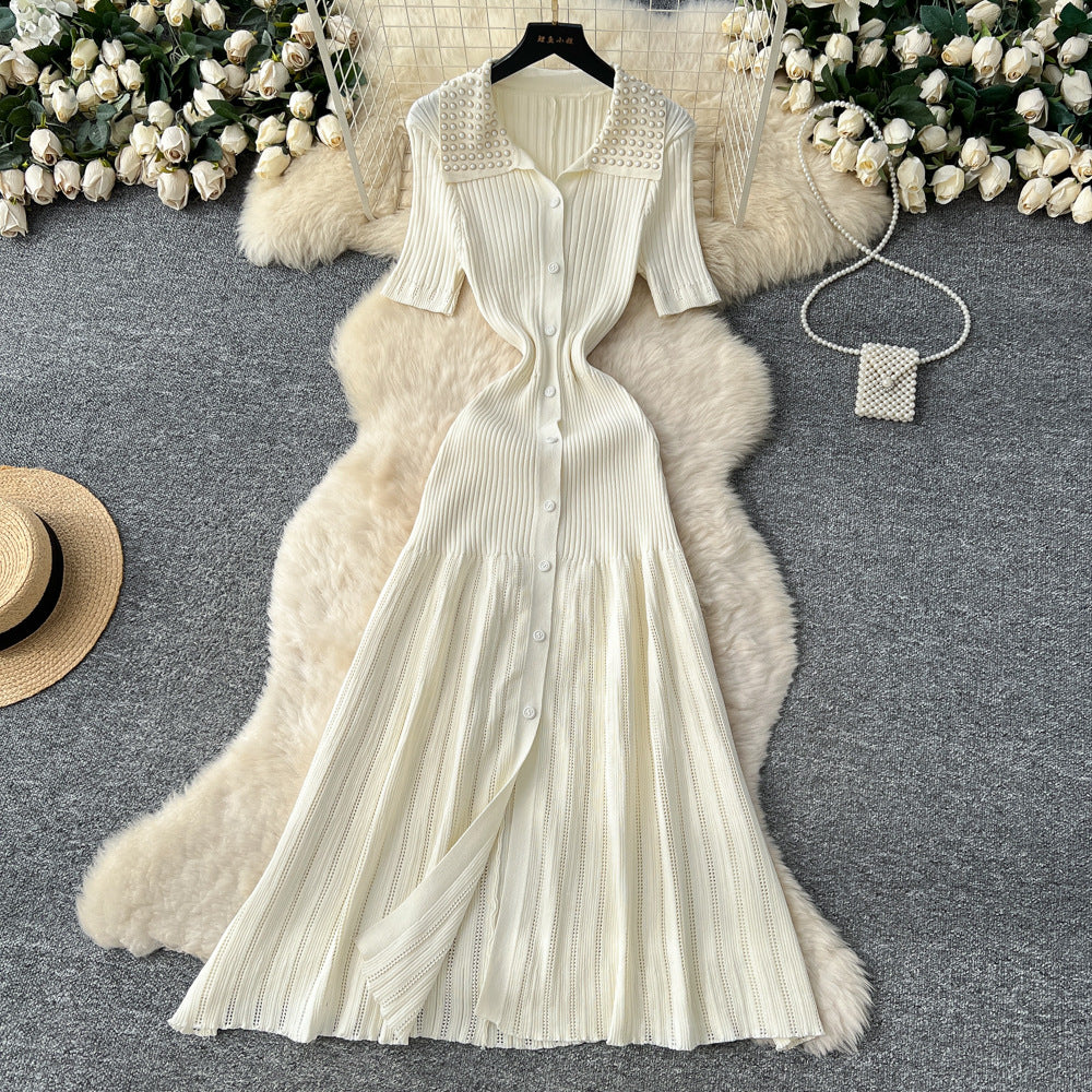 Frenchretro style lady heavy industry beading lapel short sleeve single breasted waist slimming lookelegantknittingdress