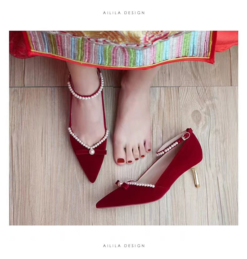 Wedding shoes for women xiuhe wedding dress two-wear 2023 new arrival chinoiserie red bridal high heels without tired feet straps