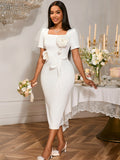 European and american new arrival: elegant square neck ruffle hem dress - perfect for banquets, featuring a floral high-waisted bodycon design