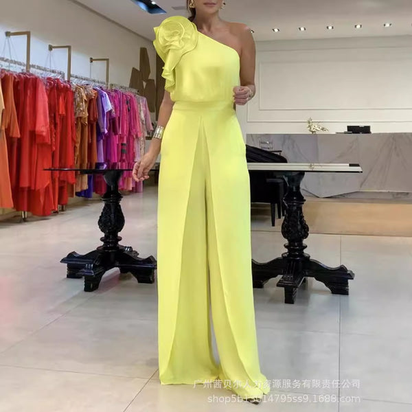 ODS5290A   new European and American three-dimensional flower slanted shoulder wide-leg jumpsuit