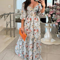 cross-border e-commerce women's fashion: european and american summer new arrivals - stylish and elegant printed v-neck maxi swing dress