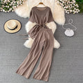Fashionsuit goddess style asymmetrical round neck waist knittingtopstwo-piece sethigh waistslimming lookloose pantspants