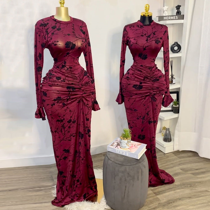 European and american cross-border women's fashion:  summer new arrival - elegant round neck printed design, long sleeve bodycon mini dress