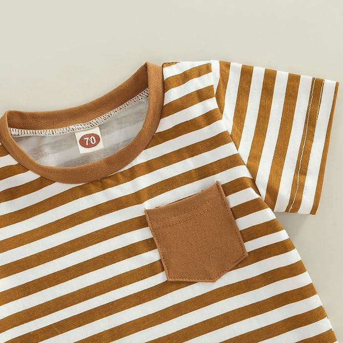 Amazon ins  hot selling baby boy fashion striped short sleeve tops with pocket shorts two-piece set