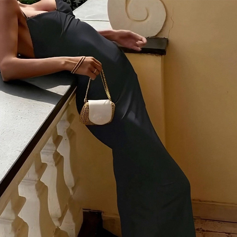cross-border e-commerce women's fashion: european and american summer new arrivals - stylish and elegant solid color v-neck spaghetti strap bodycon dress
